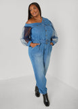 Mesh Sleeved Denim Jumpsuit
