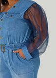 Mesh Sleeved Denim Jumpsuit