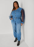 Mesh Sleeved Denim Jumpsuit