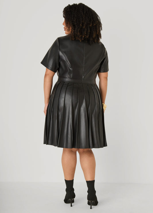 Faux Leather Pintucked Dress