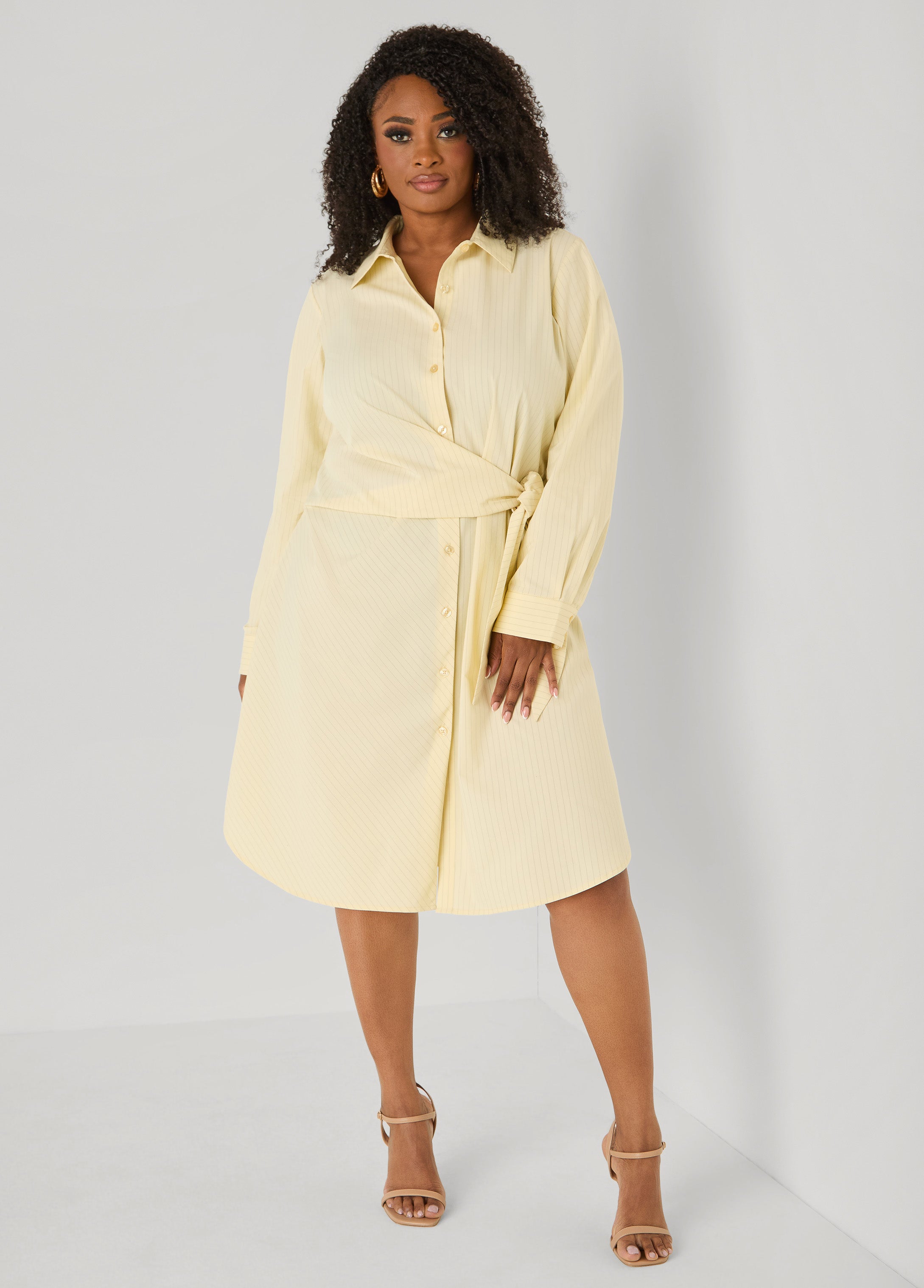 Pinstriped Waist Tie Shirtdress