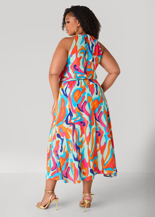 Chain Trimmed Abstract Print Dress