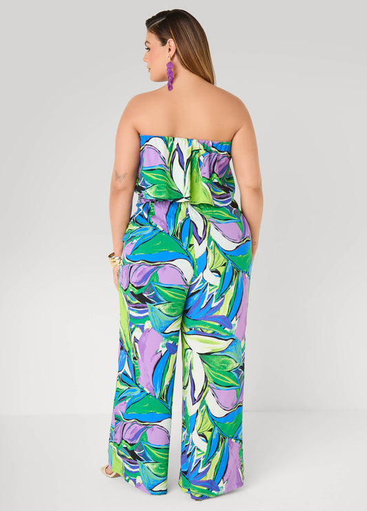 Strapless Leaf Print Jumpsuit