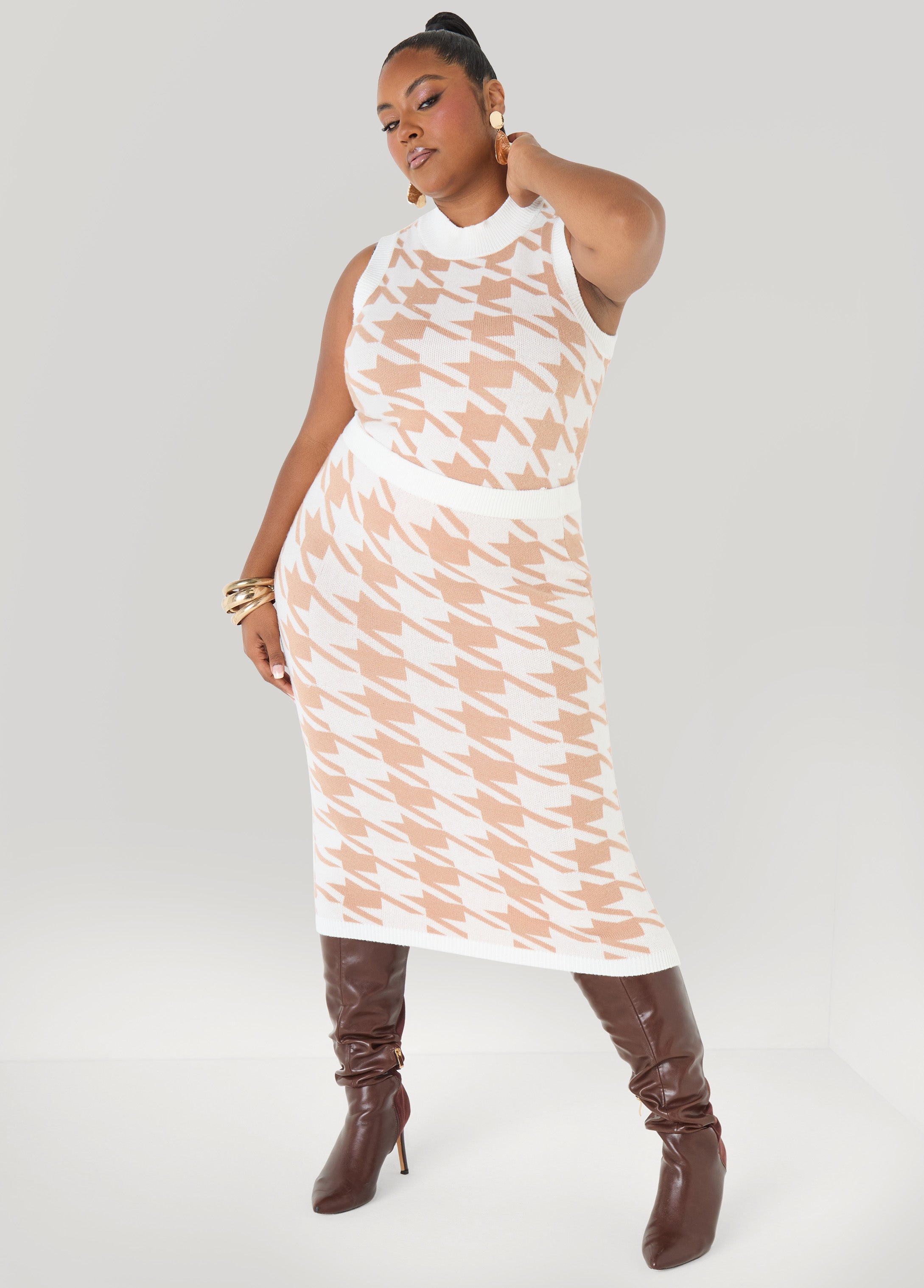 Houndstooth Midi Sweater Skirt