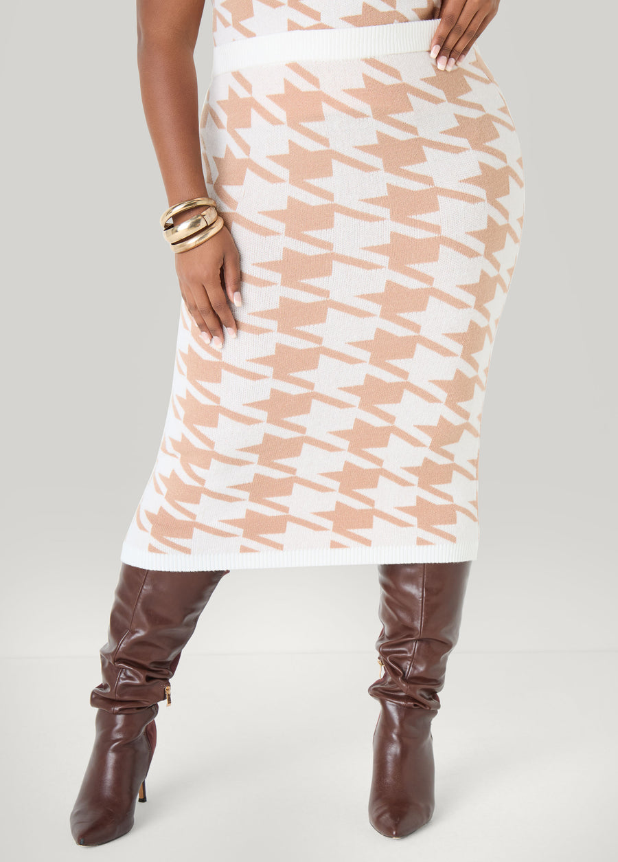 Plus Size Houndstooth Midi Sweater Skirt
