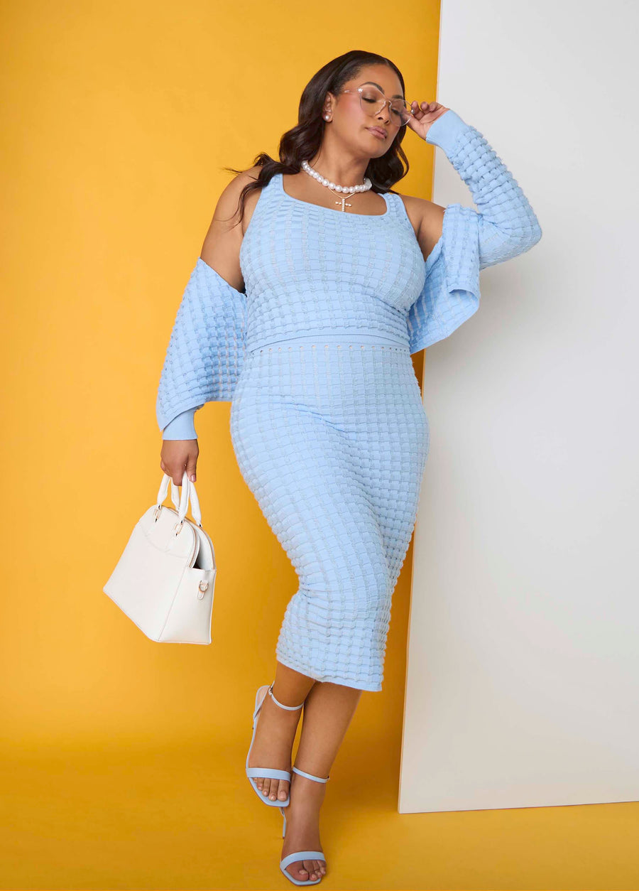 Plus Size Checked Blue Textured Knit Midi Skirt Three Piece Set