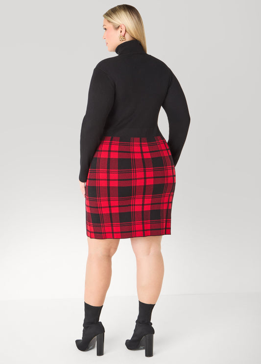 Plaid Panel Bodycon Sweater Dress