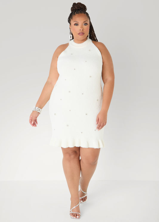 Flounced Embellished Sweater Dress