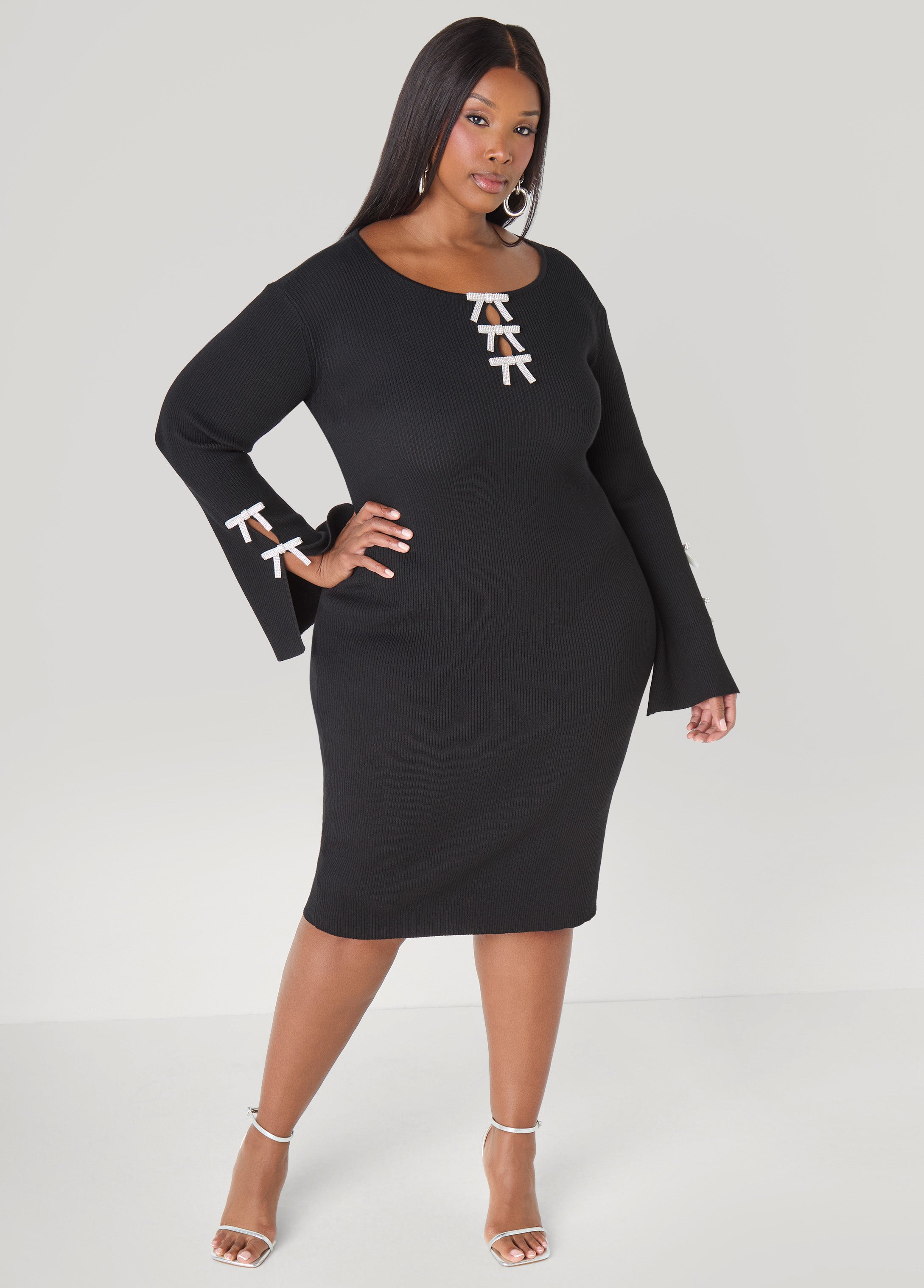 Plus Size Ribbed Sweater Dress LBD Holiday Crystal Bows Dress