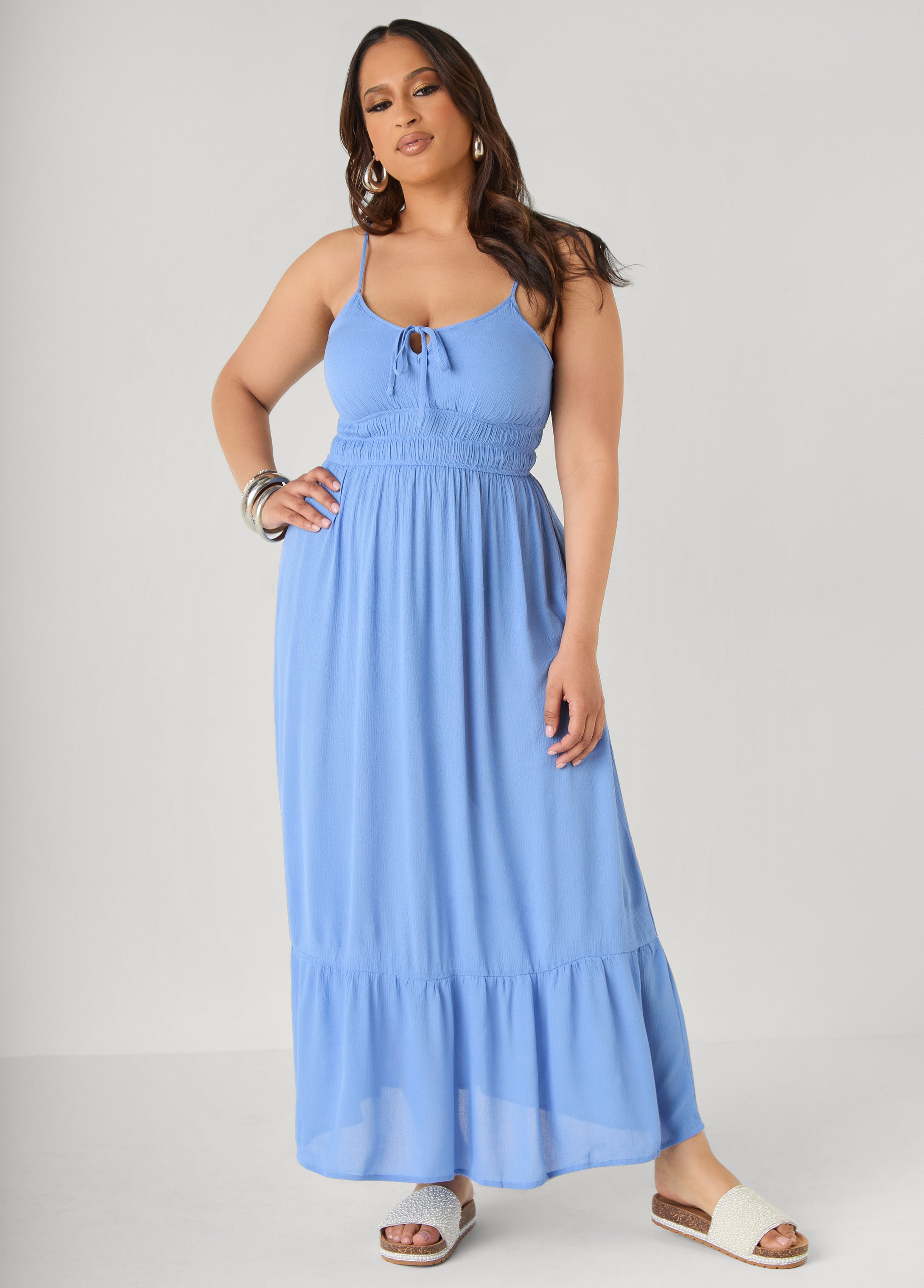 Smocked Tie Front Maxi Dress