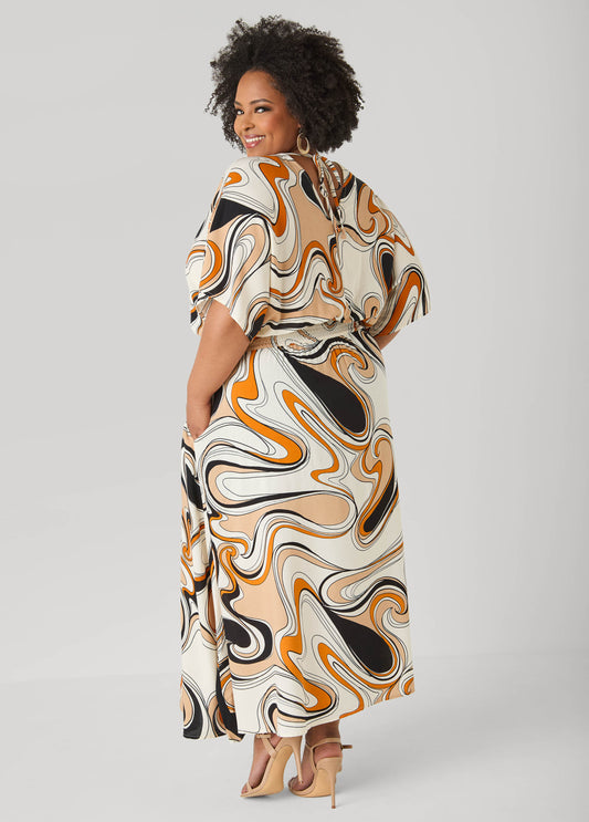 Tie Back Scroll Print Maxi Dress