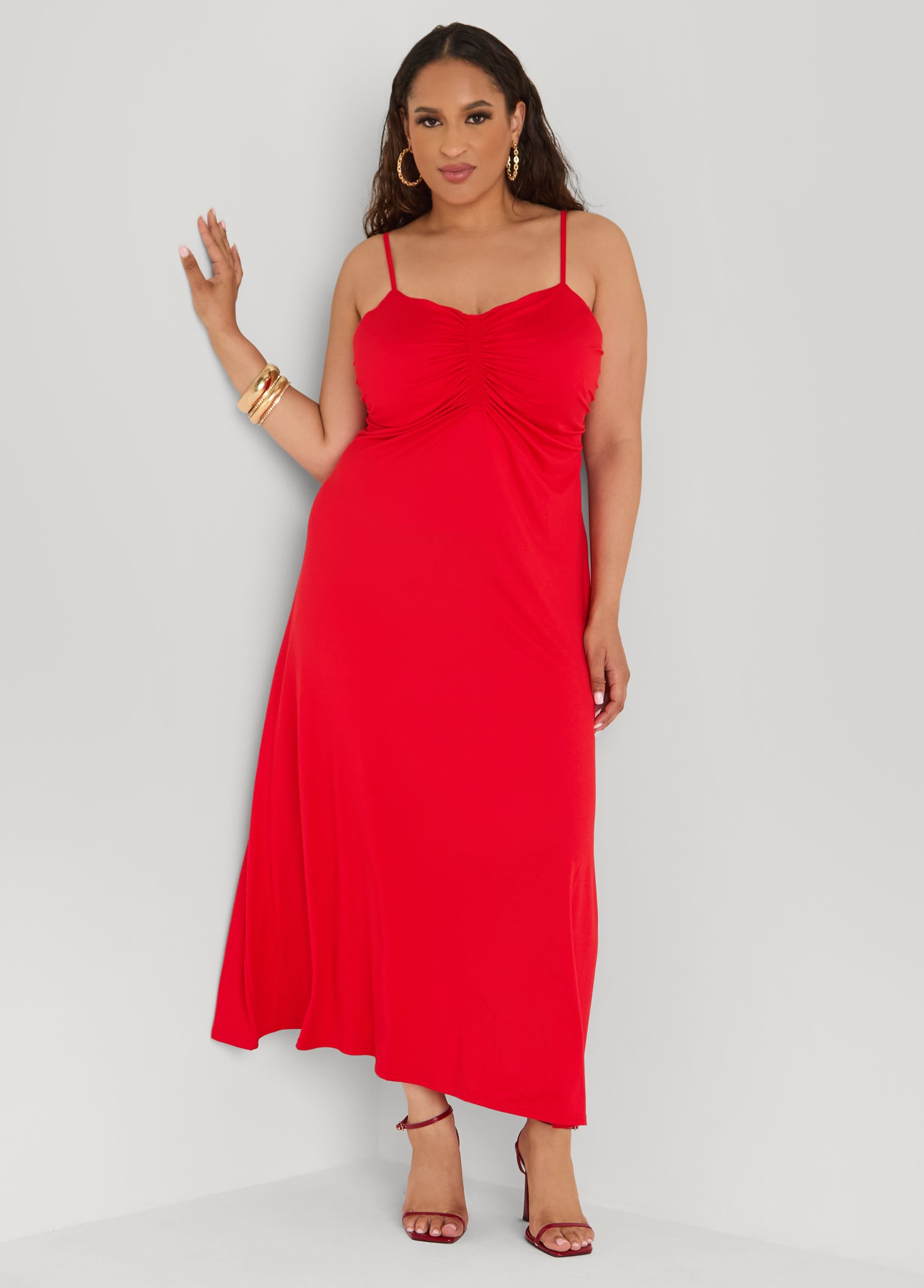 Plus Size Ruched Maxi Dress, Red, 2X
