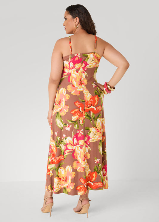 Ruched Floral Print Maxi Dress