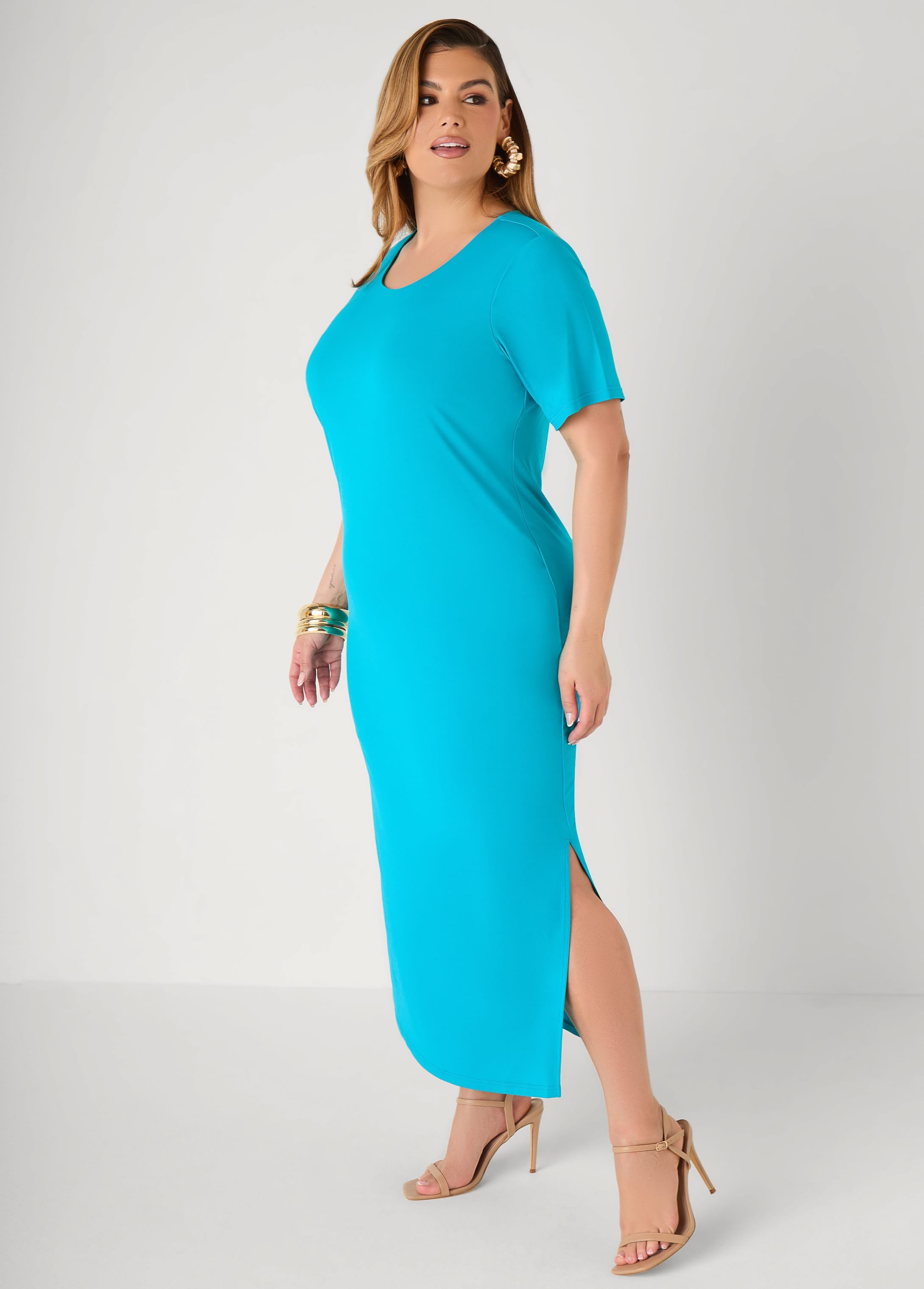 Plus Size Stretch Knit Maxi T Shirt Dress, Caribbean Sea, 18/20