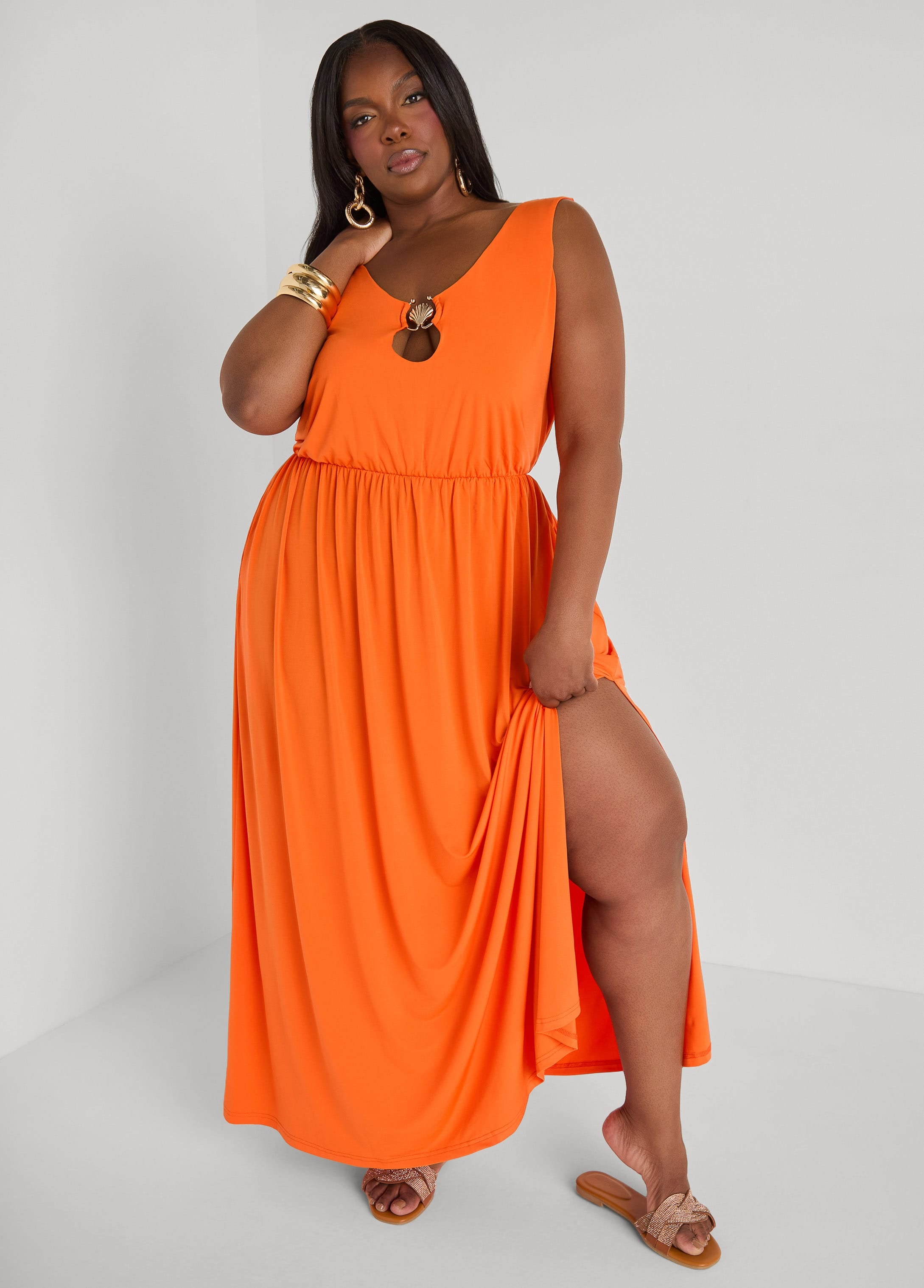 Plus Size Shell Embellished Maxi Dress, Orangeade, 26/28