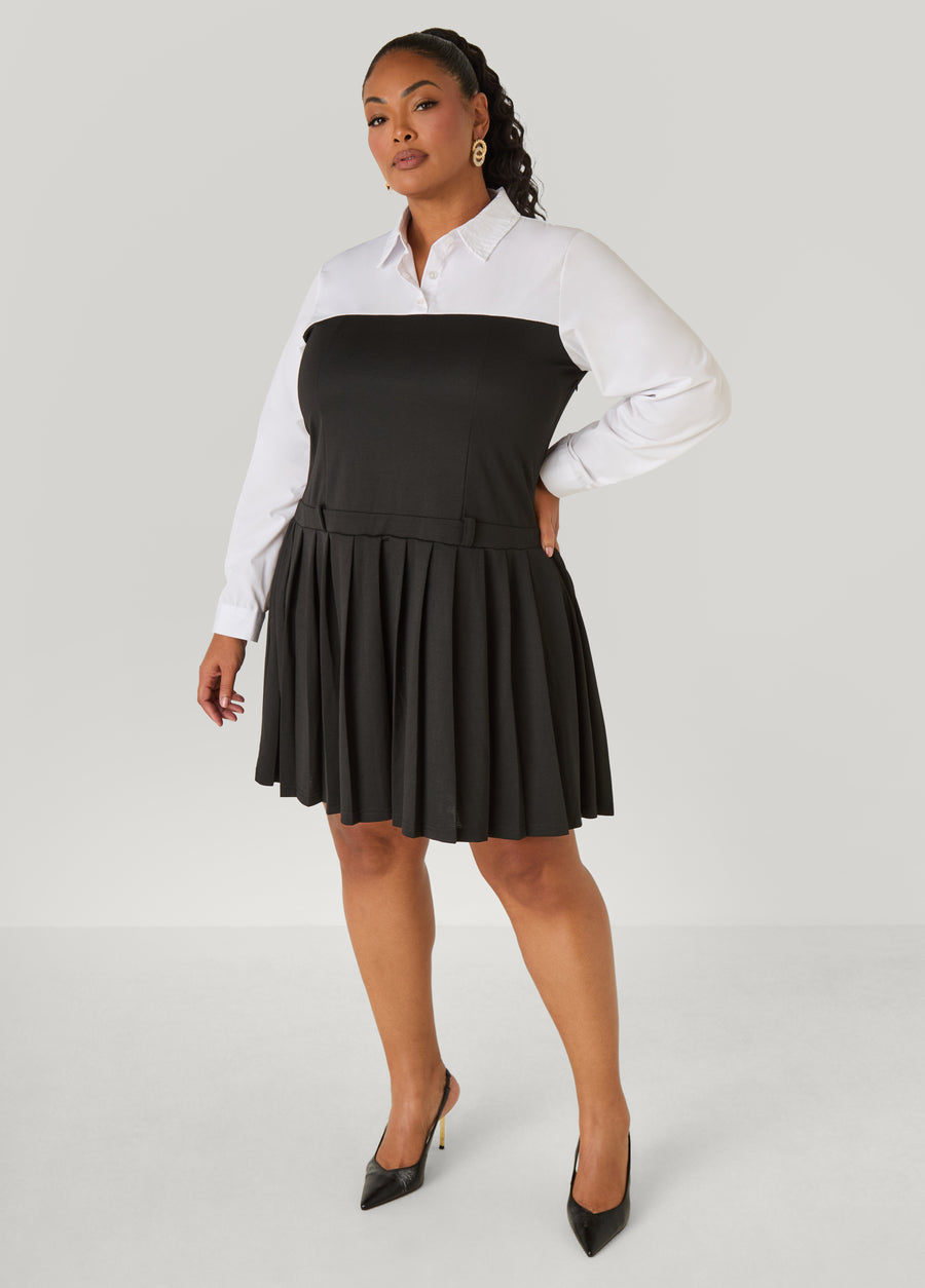 Pleated Poplin Paneled Dress