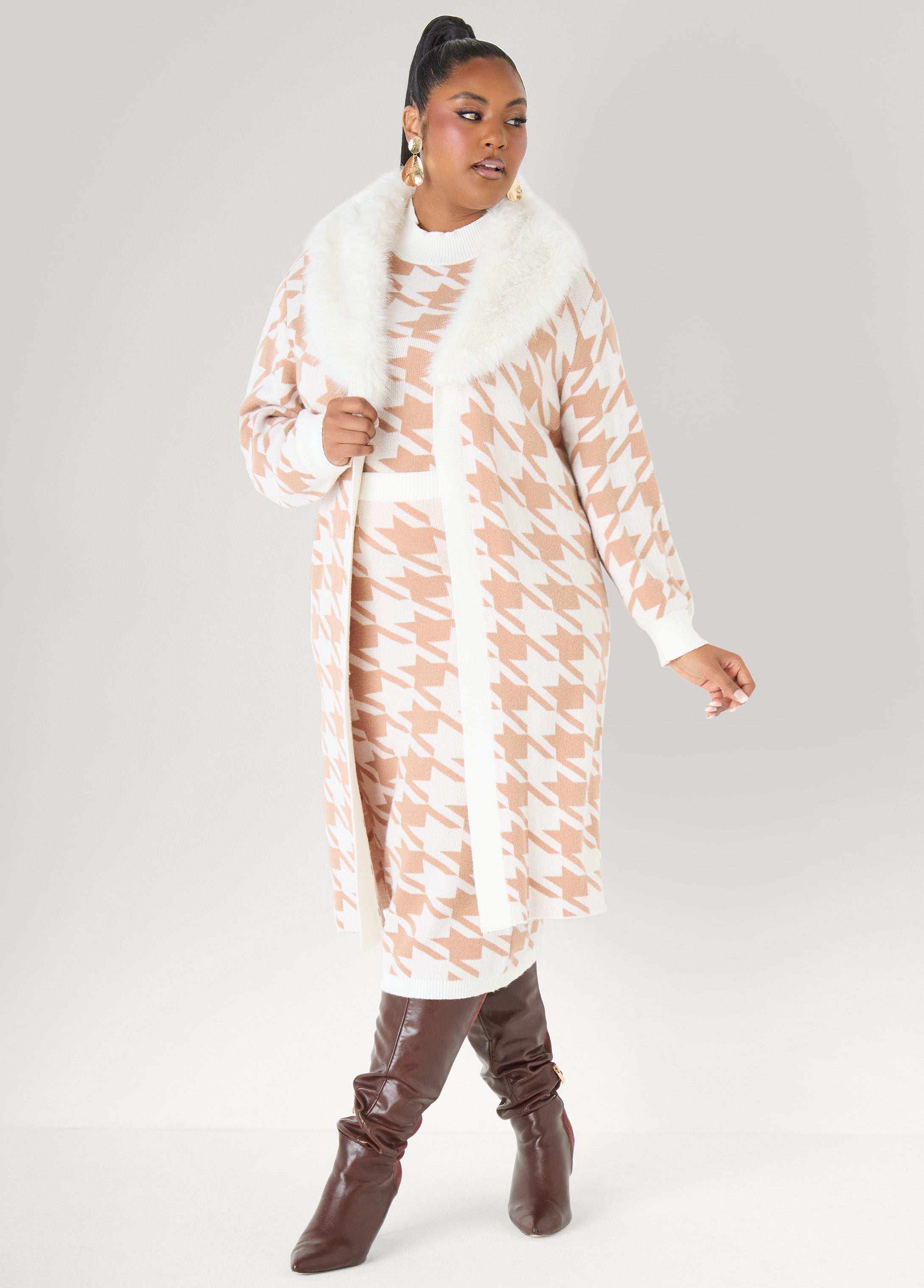 Plus Size Houndstooth Sweater Duster Office Core Three Piece Set