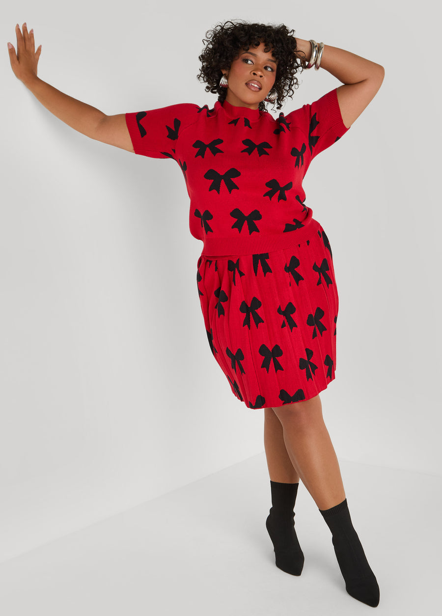Plus Size Pleated Bow Mini Skirt