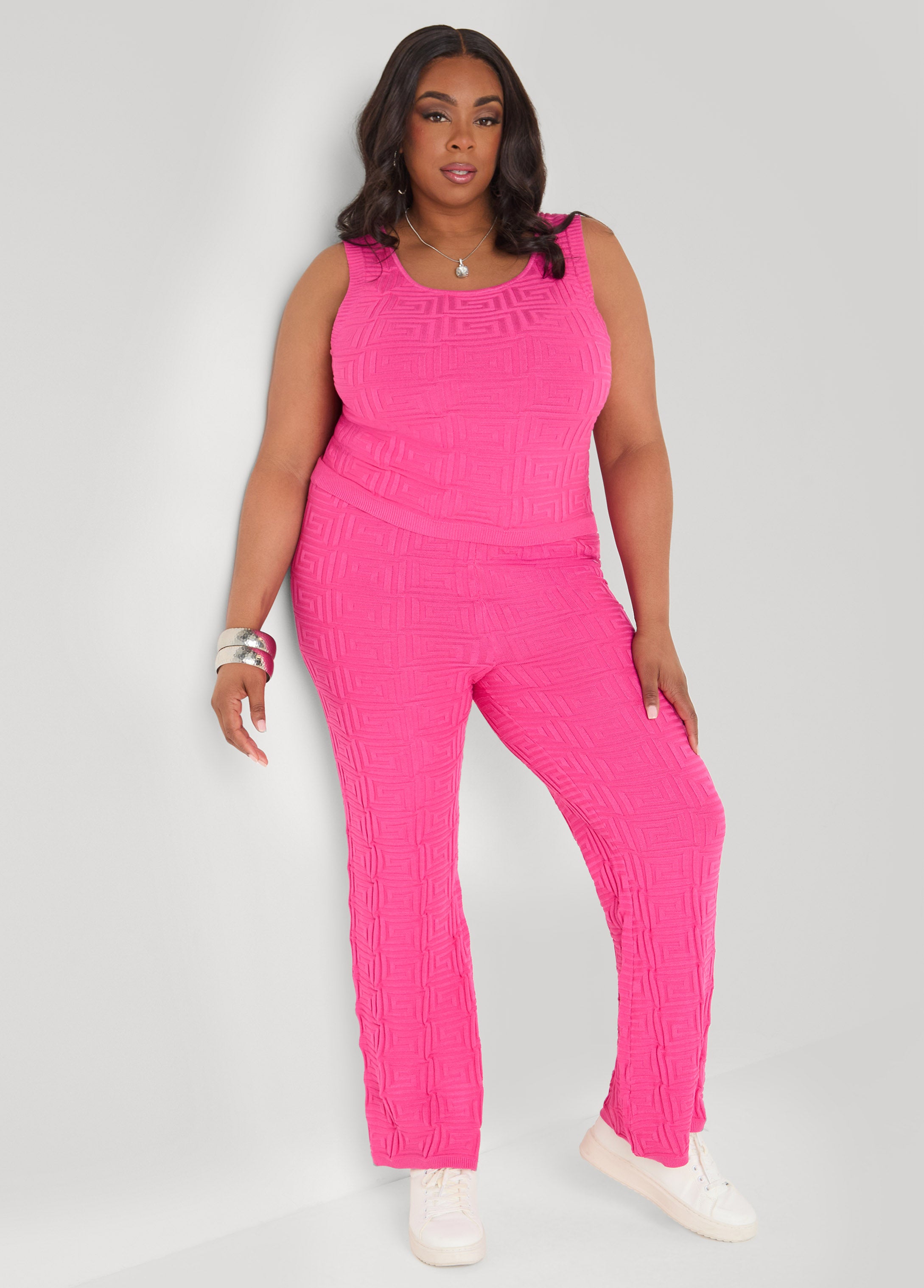 Plus Size Greek Key Jacquard Knit Flared Pants Matching Set