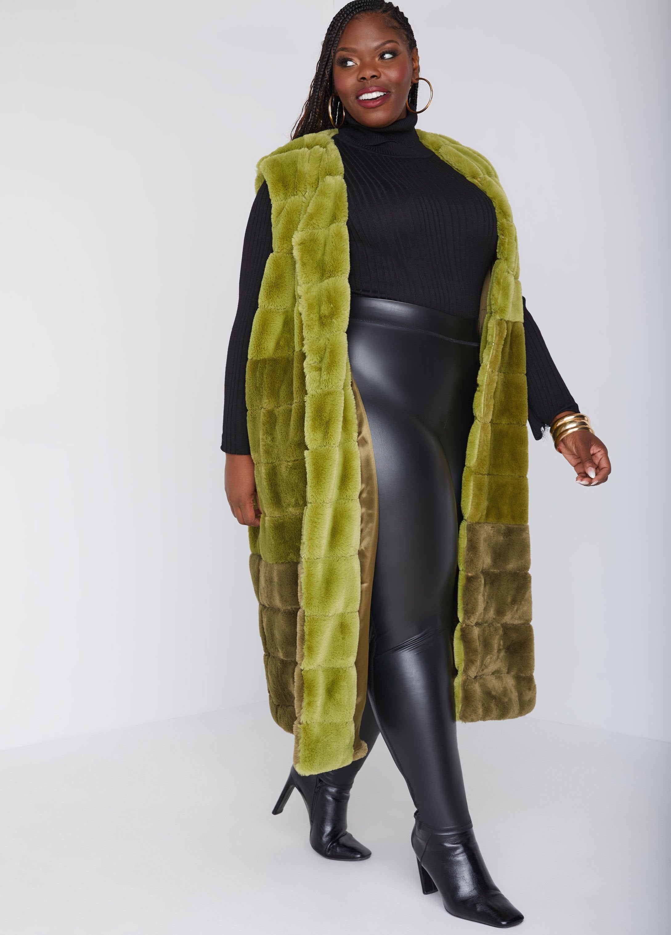 Plus Size Colorblock Faux Fur Vest Faux Fur Longline Vest