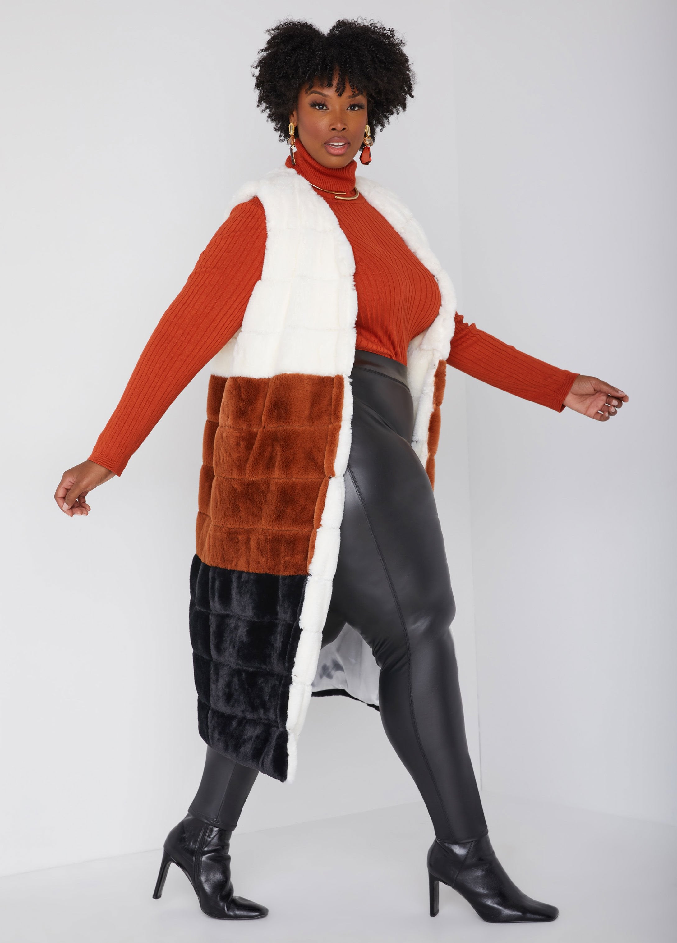 Plus Size Colorblock Faux Fur Vest Faux Fur Longline Vest
