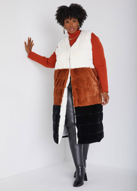Plus Size Colorblock Faux Fur Vest Faux Fur Longline Vest