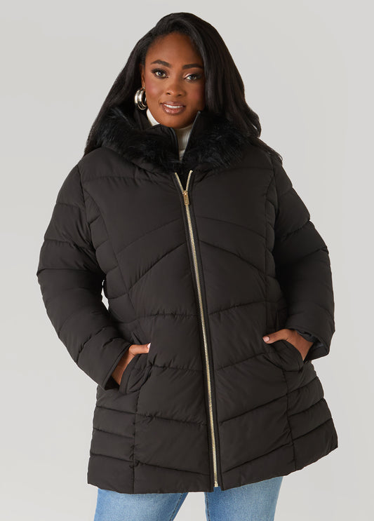 Plus Size Faux Fur Trimmed Quilted Coat