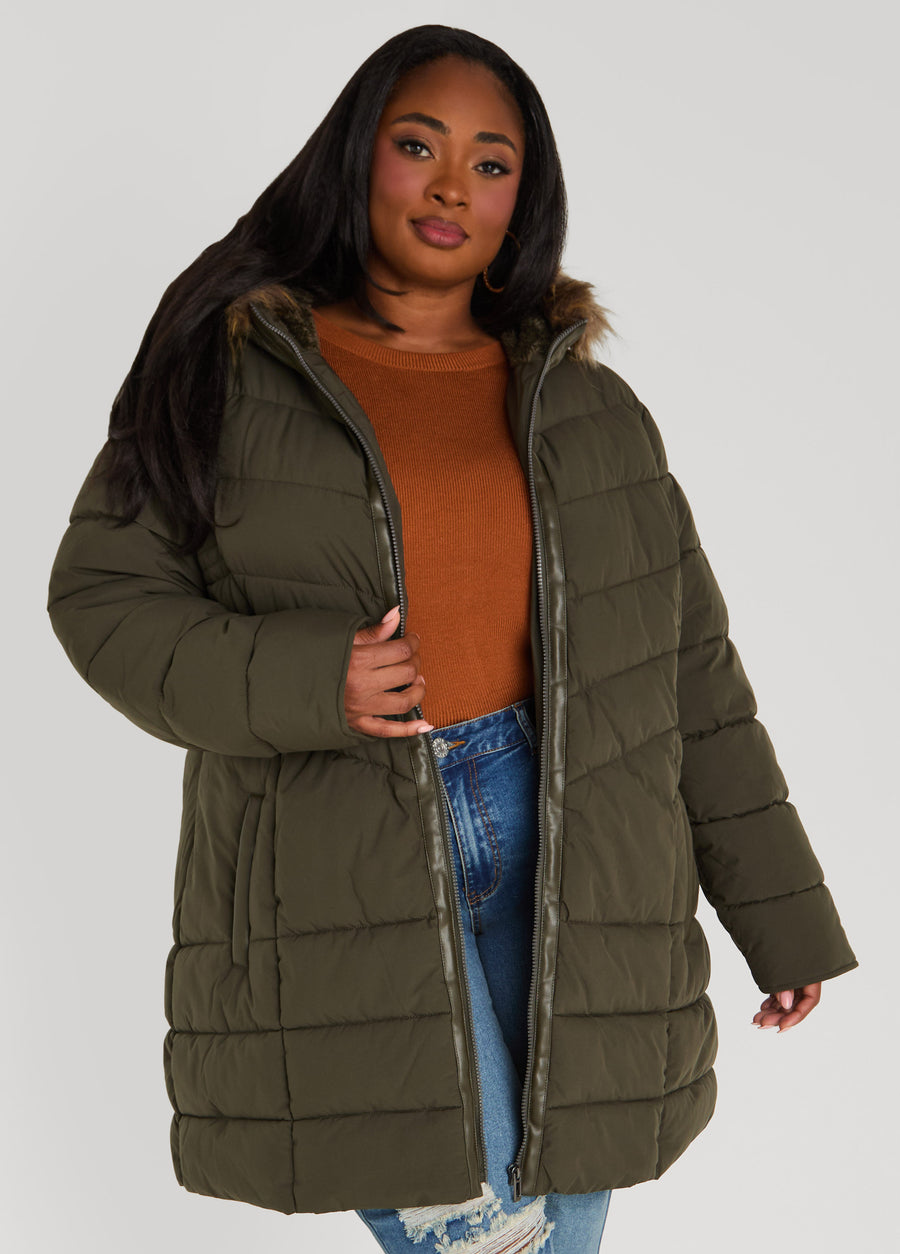 Plus Size Faux Fur Trimmed Puffer Coat