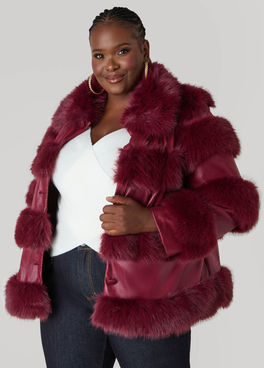 Plus Size Faux Leather And Faux Fur Coat