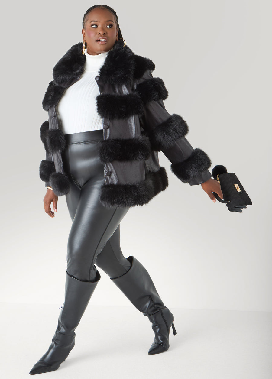 Plus Size Faux Fur And Faux Leather Coat
