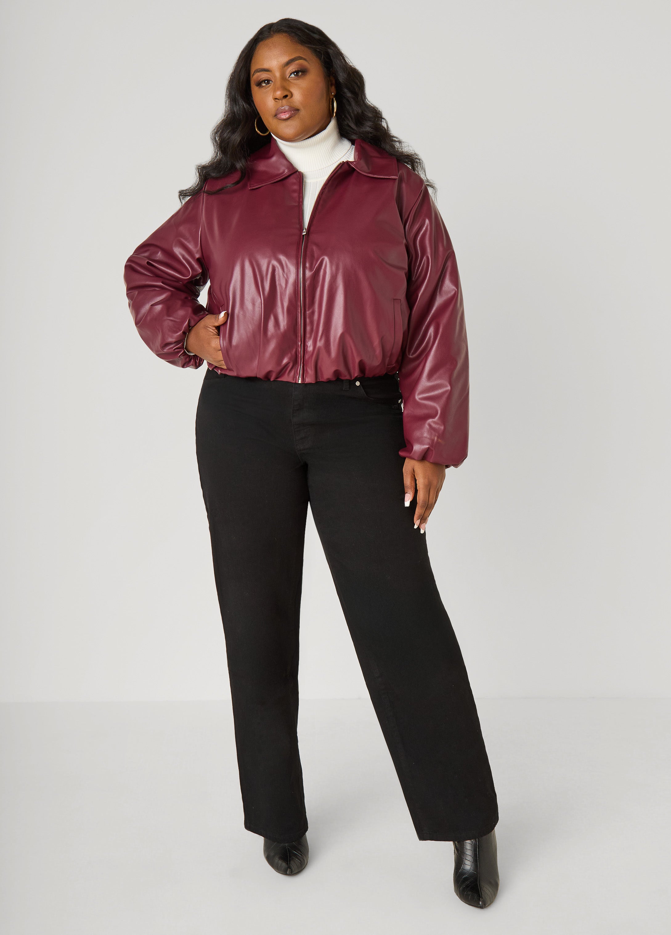 Faux Leather Puff Bomber Jacket – Ashley Stewart