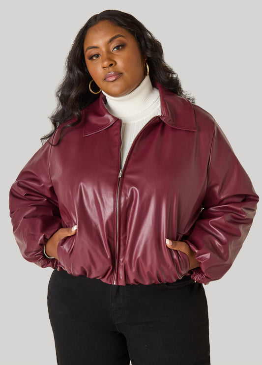 Faux Leather Puff Bomber Jacket