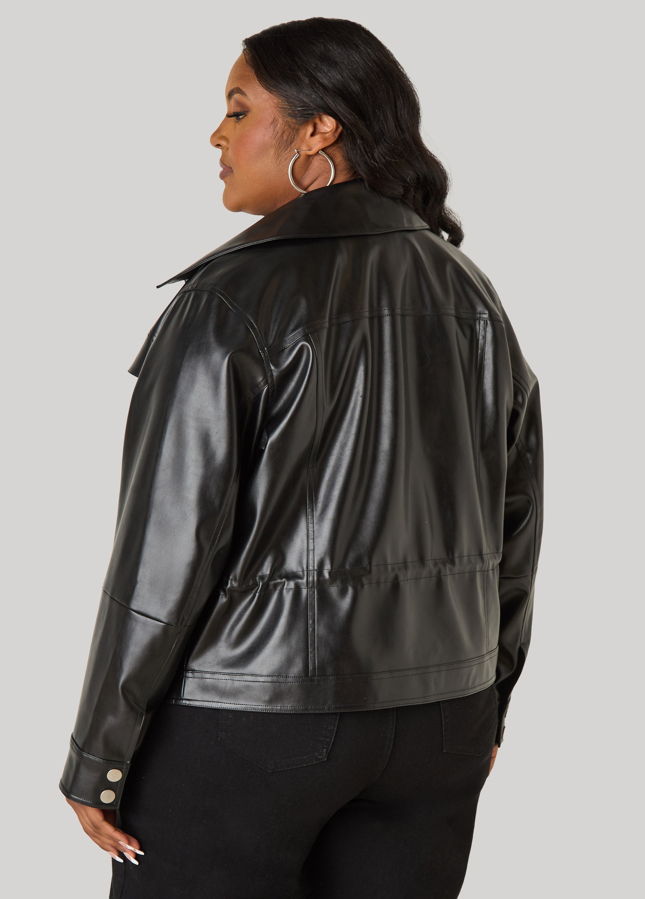 Snap Front Faux Leather Jacket – Ashley Stewart