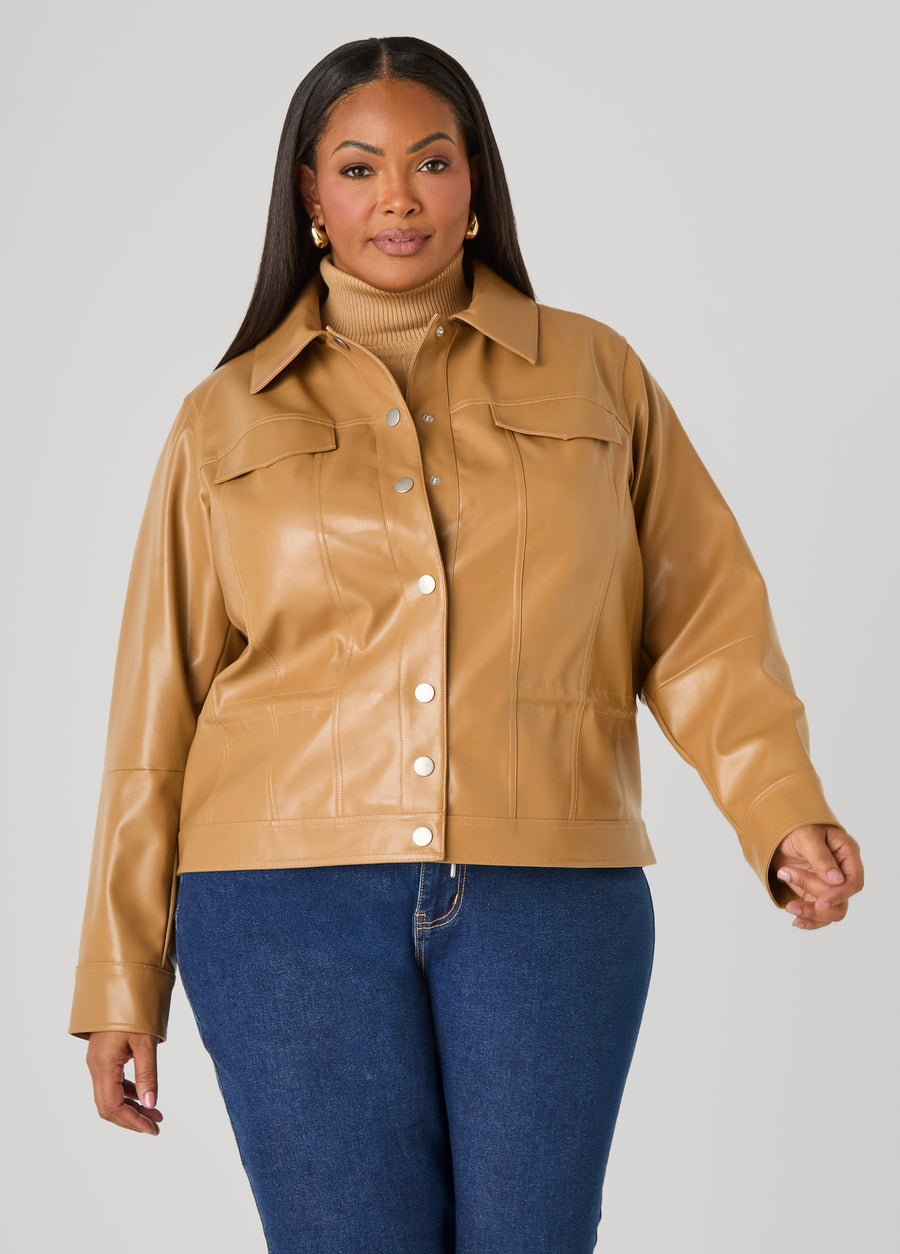 Snap Front Faux Leather Jacket