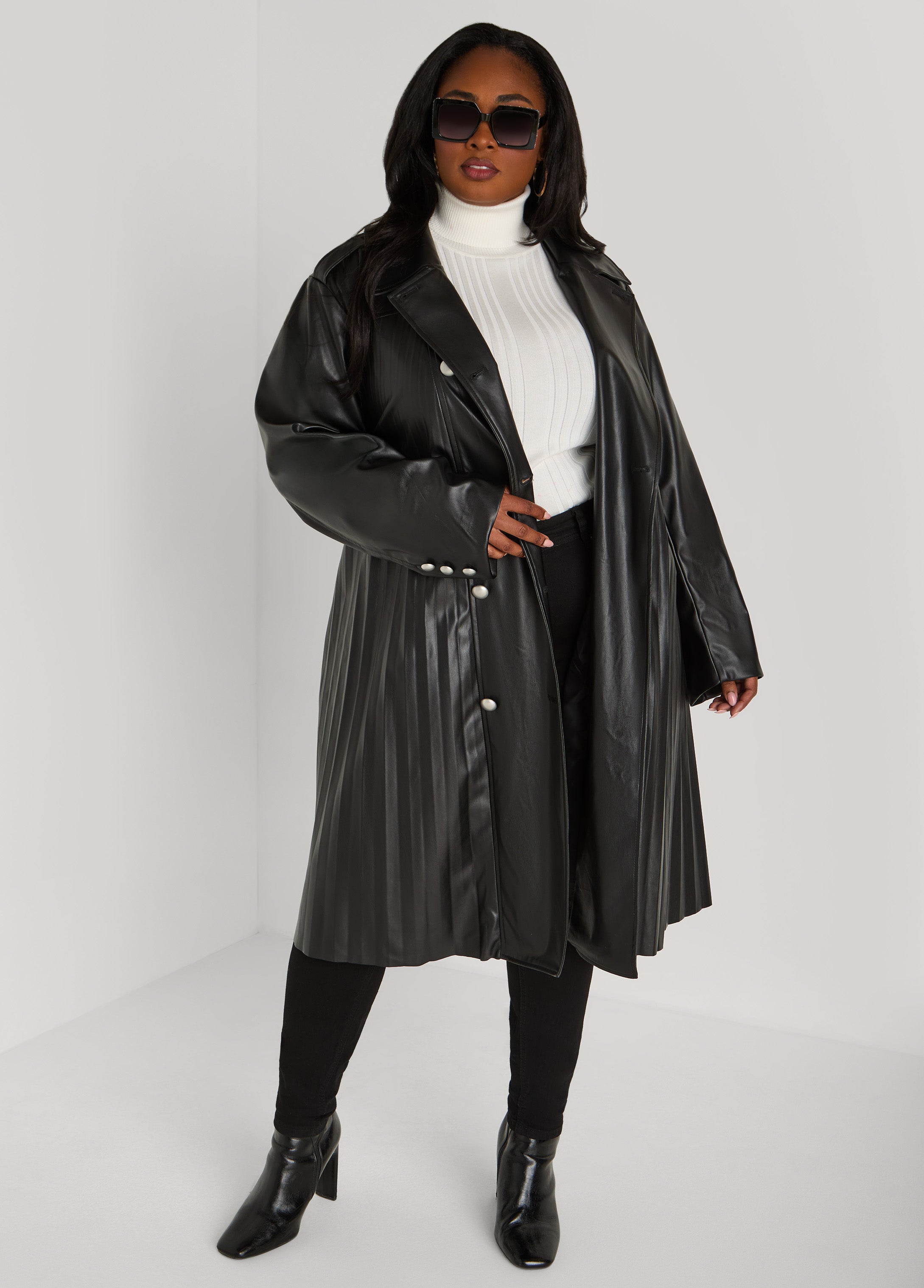 Plus Size Pleated Faux Leather Trench Coat