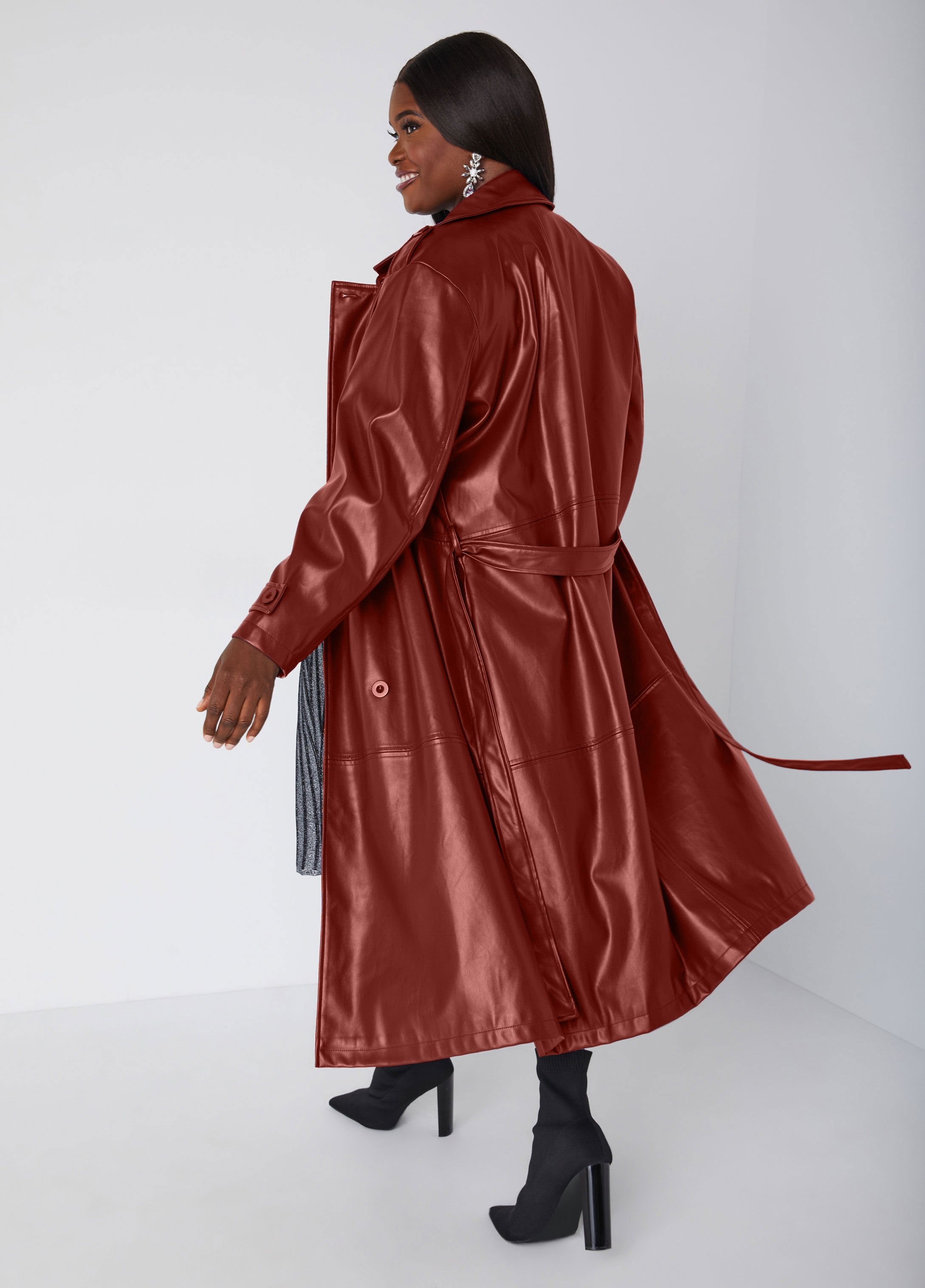 Plus Size Vegan Leather Belted Double Breast Trench Coat Plus Size Vegan Leather Belted Double Breast Trench Coat