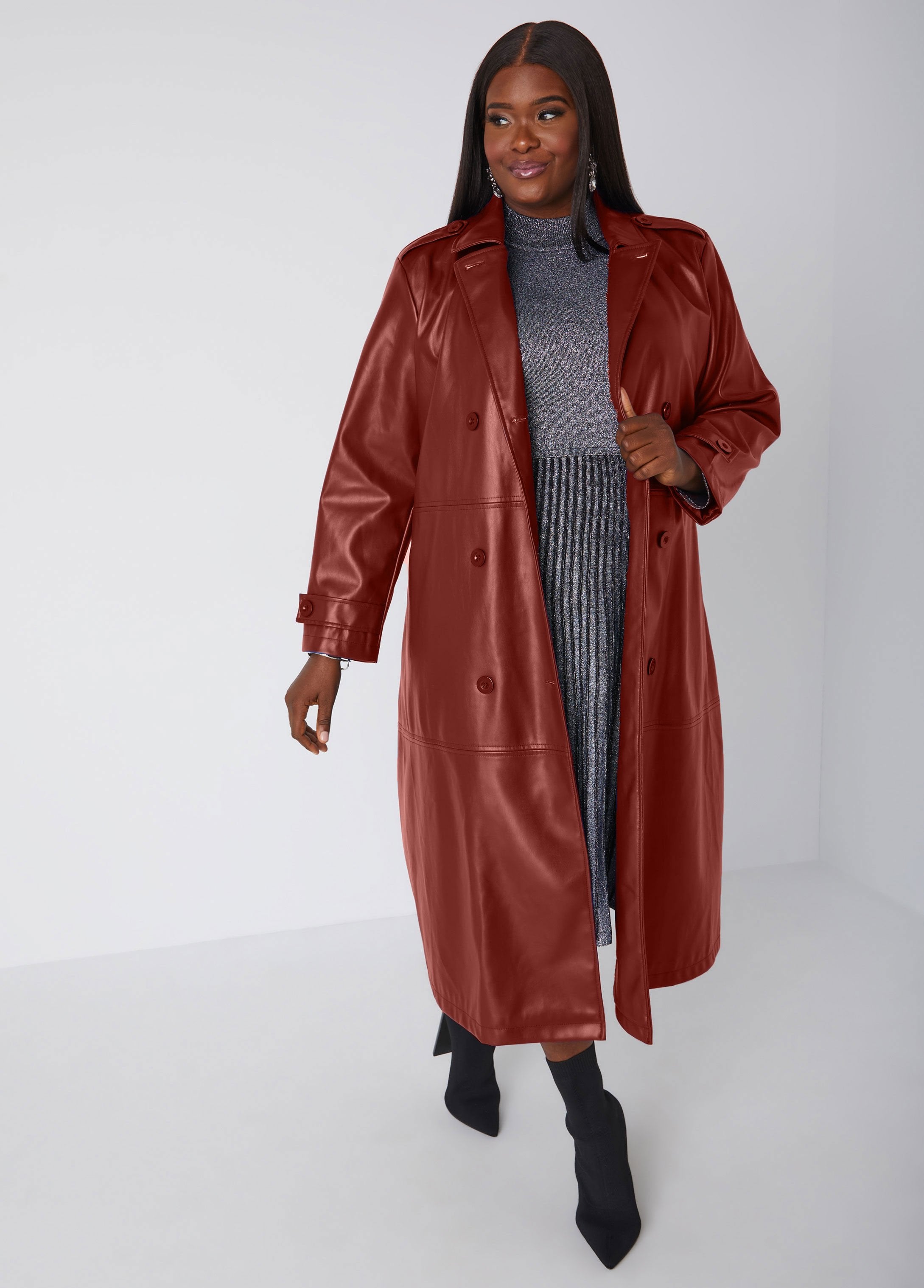 Plus Size Vegan Leather Belted Double Breast Trench Coat Plus Size Vegan Leather Belted Double Breast Trench Coat