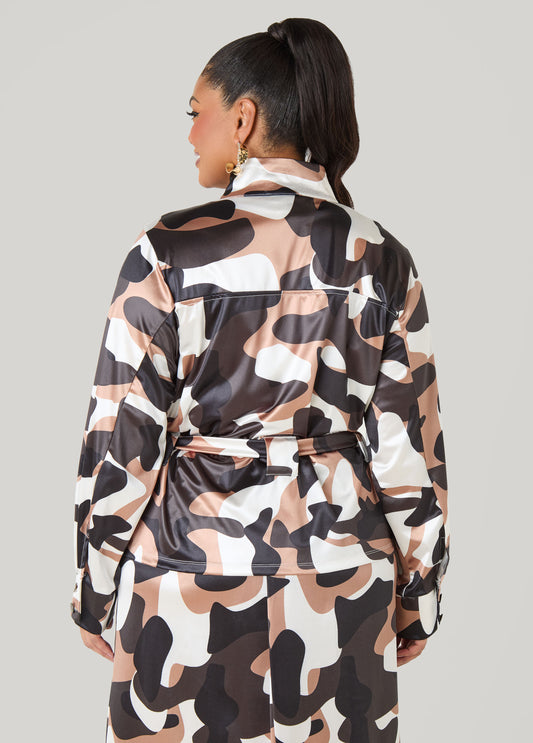 Belted Camo Print Satin Jacket