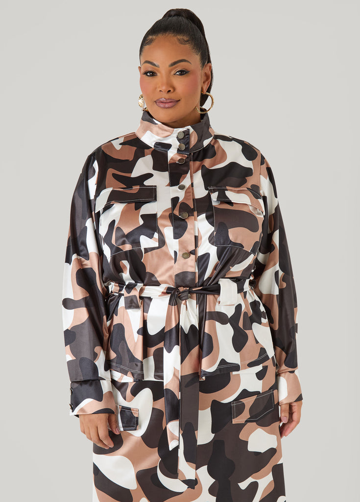 Belted Camo Print Satin Jacket – Ashley Stewart