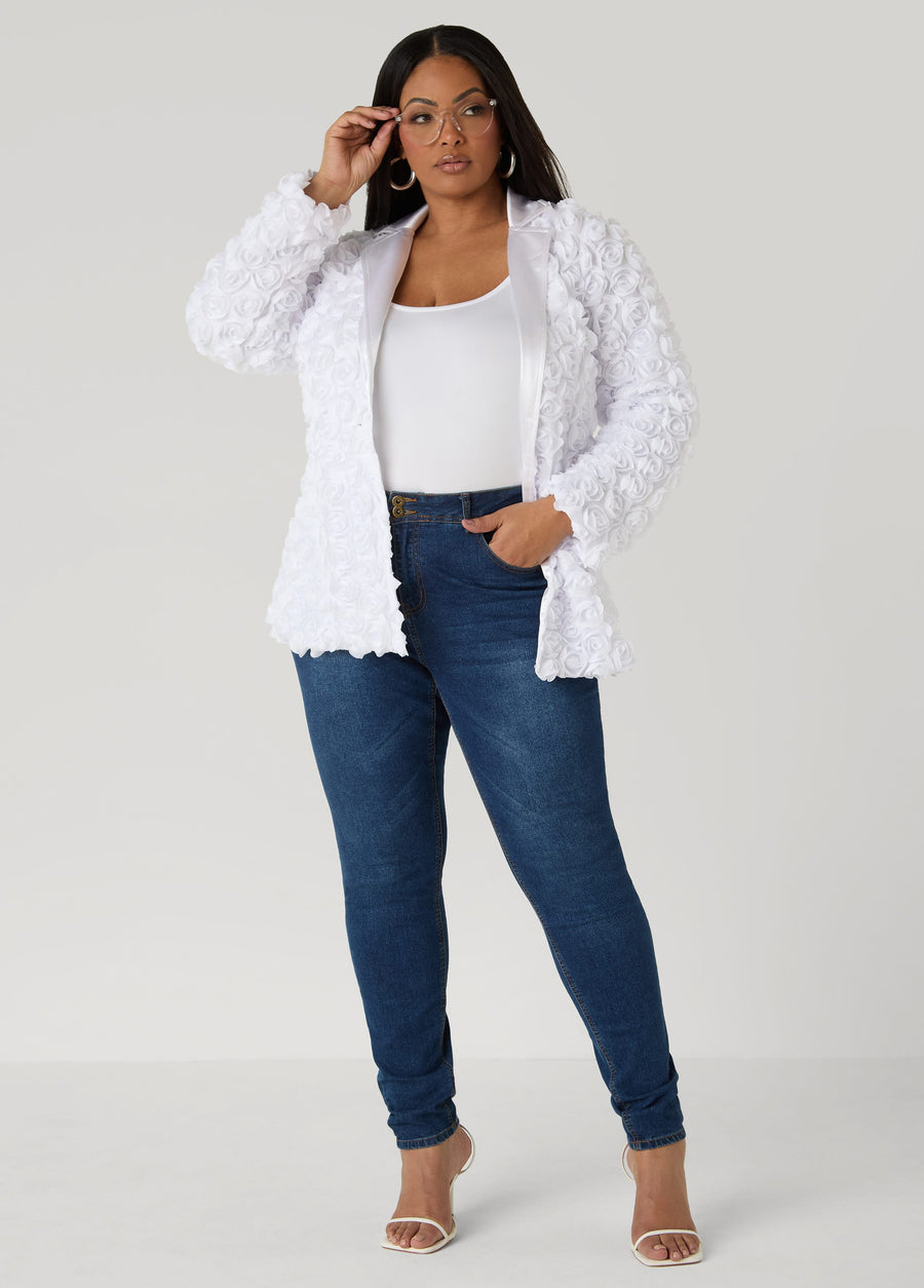 Plus Size Rosette Blazer Mesh Flower Jacket Plus Size Outerwear
