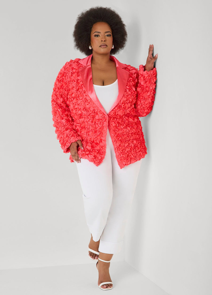 Plus Size Rosette Blazer Mesh Flower Jacket Plus Size Outerwear