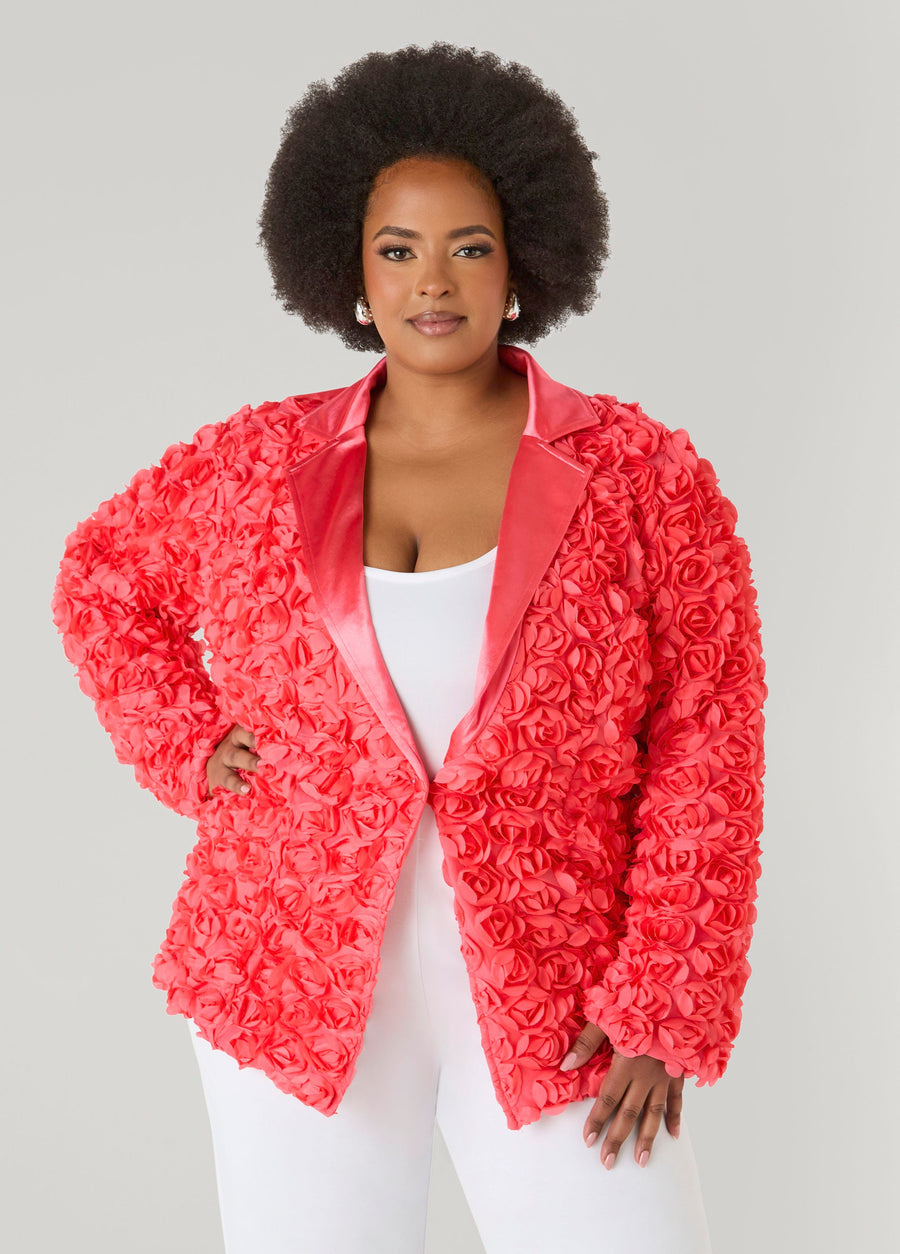 Plus Size Rosette Blazer Mesh Flower Jacket Plus Size Outerwear