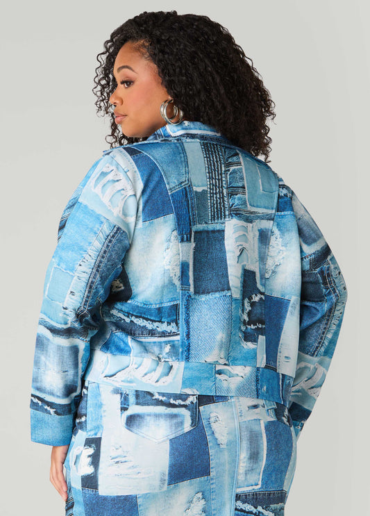 Denim Print Moto Jacket