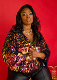 Plus Size Iridescent Jacket Holiday Party Sequin  Fringed Jacket