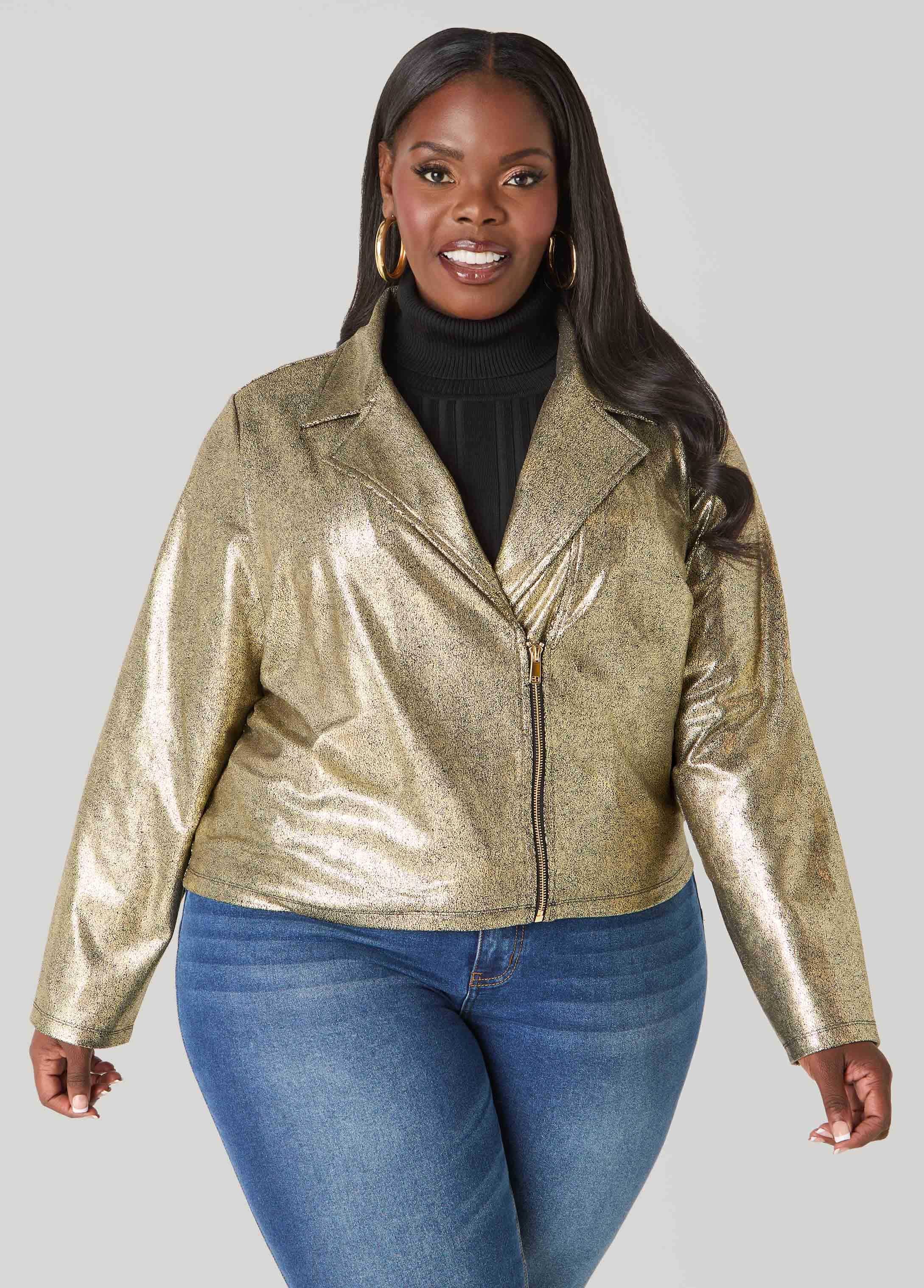 Plus Size Metallic Croc Effect Moto Jacket