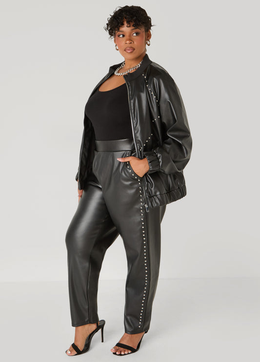 Studded Faux Leather Bomber Jacket
