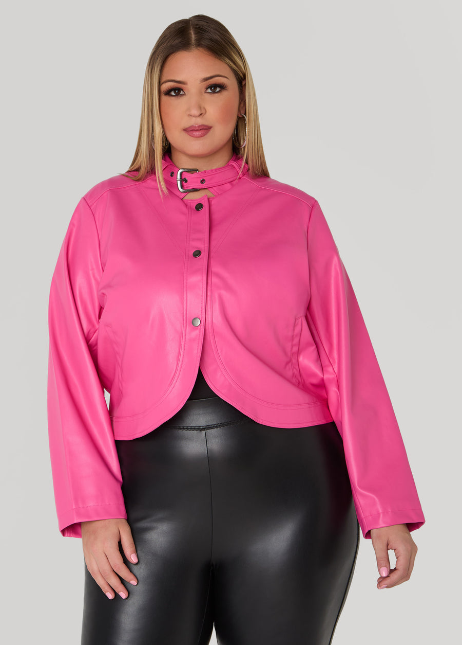 Plus Size Buckle Collar Faux Leather Jacket