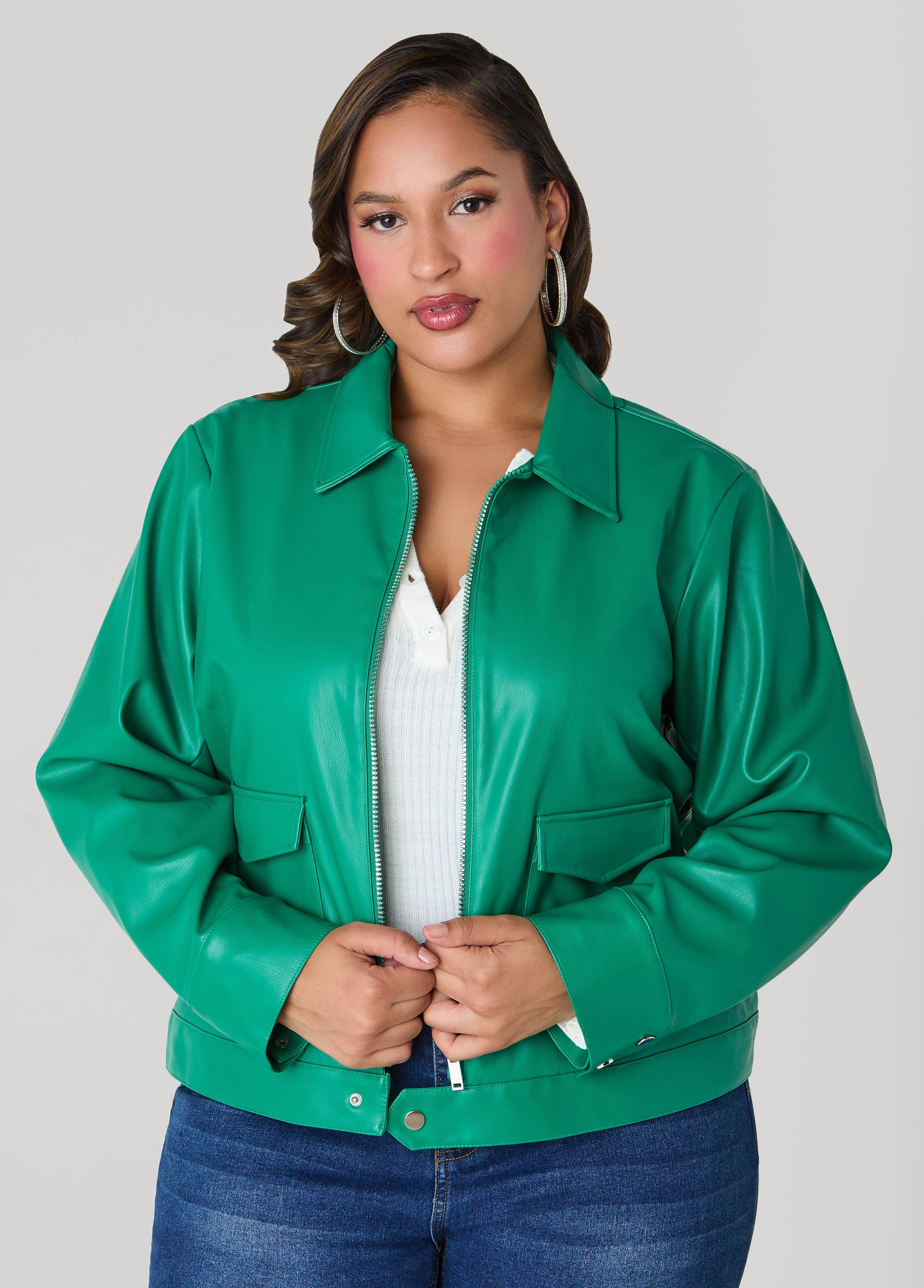 Plus Size Faux Leather Trucker Jacket