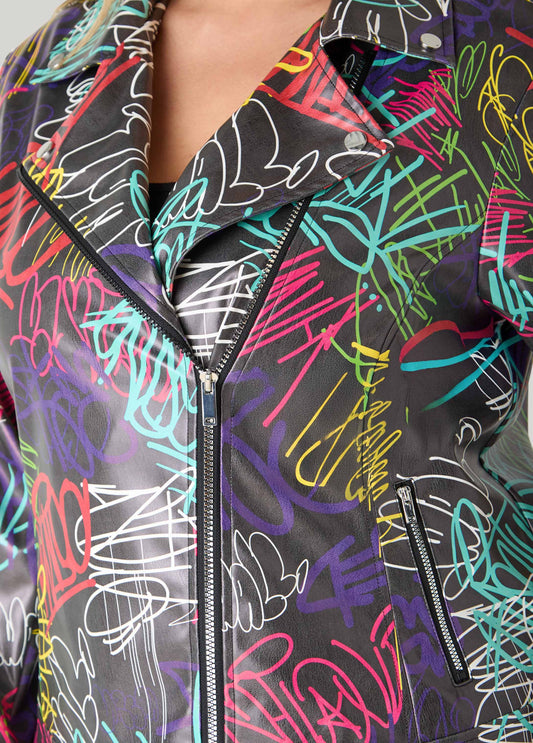 Graffiti Faux Leather Moto Jacket