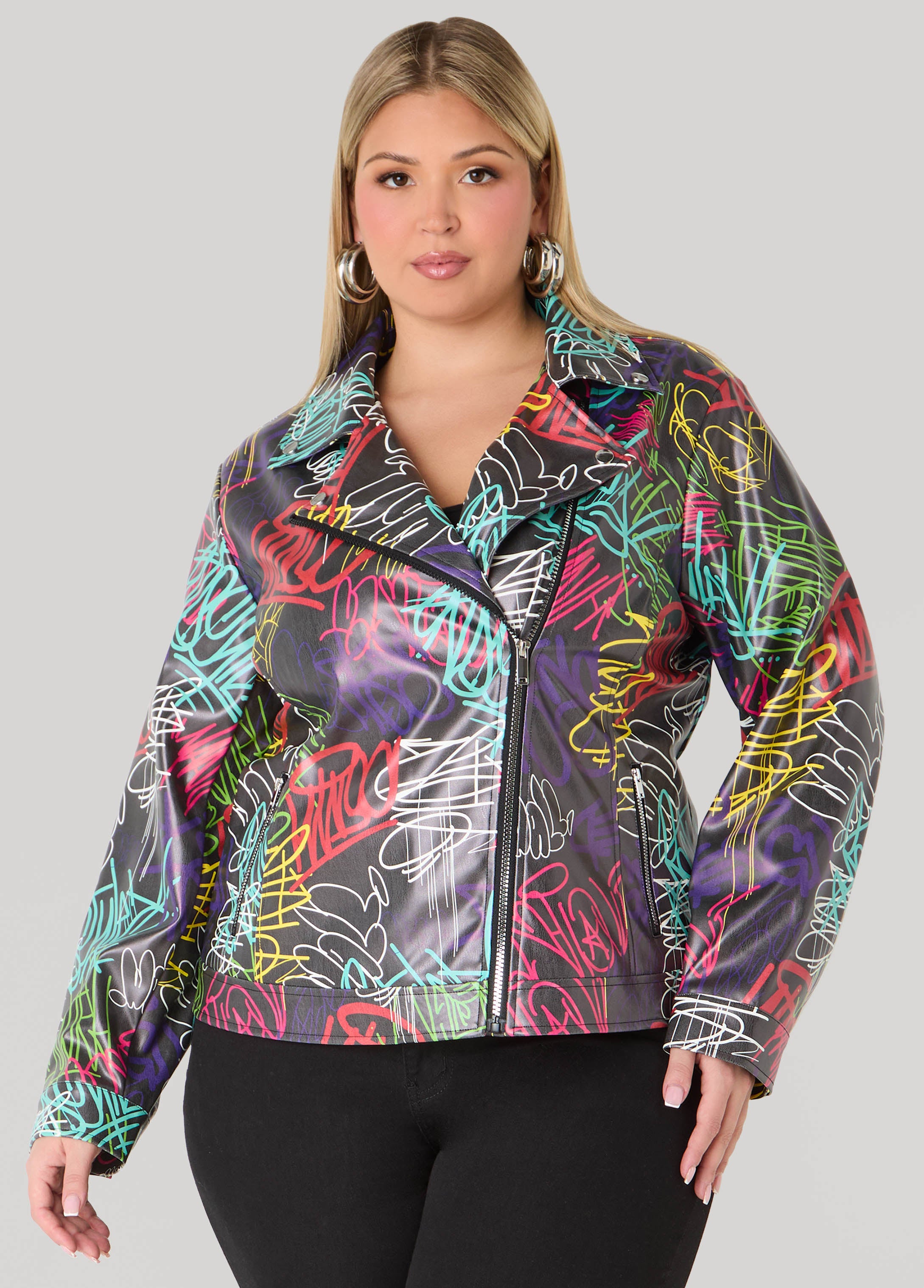 Plus Size Graffiti Faux Leather Moto Jacket